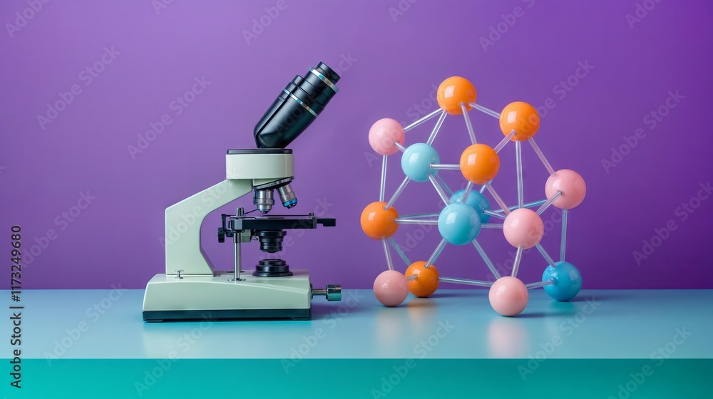 Poster microscope observing colorful molecular structure on turquoise table with purple background