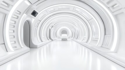 Obraz premium Futuristic White Corridor with Curved Walls and Soft Lighting in Sci-Fi Setting