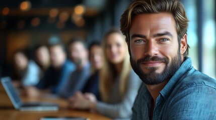 Smiling man with beard, colleagues blurred background.