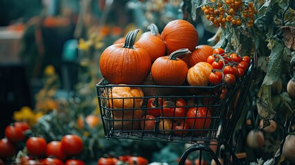 Shopping cart overflowing with fresh fruits and vegetables, including pumpkins and tomatoes