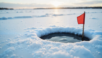 Ice fishing hole with red flag on snowy frozen lake