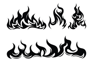 Silhouette Fire flames. Old school tattoo neo-tribal style or silhouette flame for cars. set vector icons. Fire sign. Fire flame icon isolated on white background. Vector illustration	