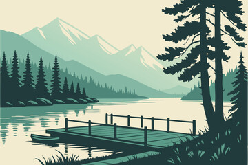 Quiet Lakeside Dock A wooden dock extending over a still lake, surrounded by dense forest and mountains in the background. The style is tranquil and minimalist, with a cool palette of greens, blues, a