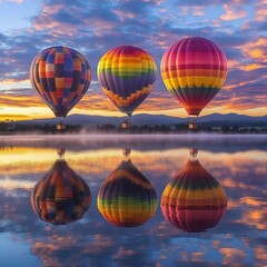 Obraz premium Hot air balloons rise over a tranquil lake during a vibrant sunrise in a scenic landscape
