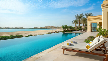 Fototapeta premium A sunbed positioned on the sundeck of a luxurious beach hotel, overlooking a serene pool and a sparkling sea under a clear blue sky. Ai generated