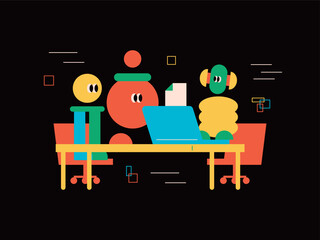 Business cute simple character. People doing work and having meetings. Find, search and learn.