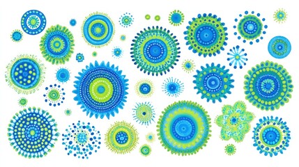 Collection of vibrant blue and green circular abstract designs.