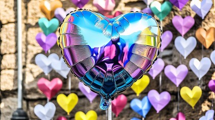 Iridescent Heart Balloon Against Colorful Heart Background