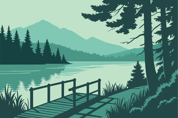 Quiet Lakeside Dock A wooden dock extending over a still lake, surrounded by dense forest and mountains in the background. The style is tranquil and minimalist, with a cool palette of greens, blues, a