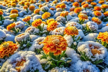 Frozen Autumn Flowers: First Snowfall on Orange and Yellow Blooms