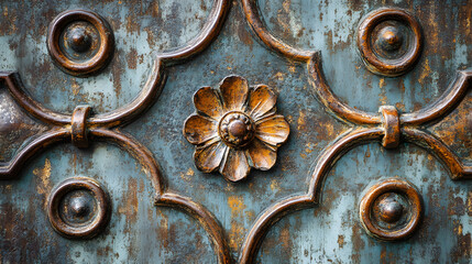 Ornate Wooden Panel With Distressed Paint and Floral Design
