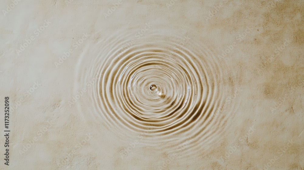 Poster Concentric ripples expanding across a soft beige liquid surface, created by a falling drop of water, evoke a mesmerizing and calming visual effect reminiscent of tranquility and nature