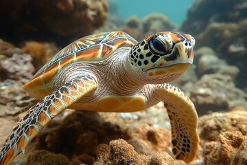 Fototapeta premium Sea turtle swimming gracefully above coral reef during a sunny day in a tropical ocean environment