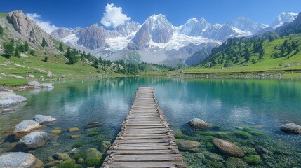 Serene mountain lake with wooden pier, clear water reflecting snow-capped peaks under a bright blue sky.