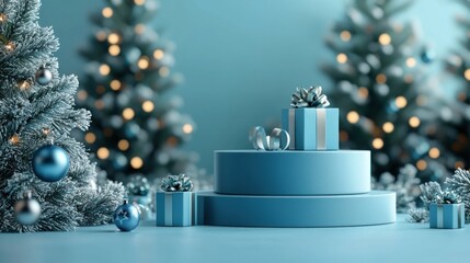 Serene Winter Holiday Scene:  Blue Christmas Gifts and Decor
