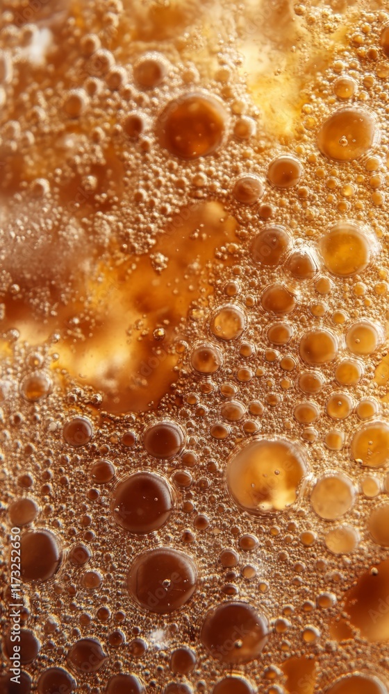 Poster Golden light illuminates the rippling water surface, creating an abstract texture with bubbles and drops, evoking a rainy or underwater scene