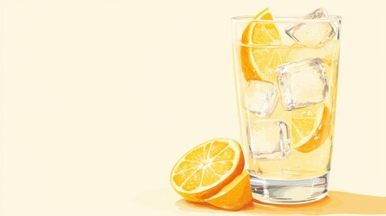 A refreshing glass of homemade orange lemonade with orange slices and ice cubes, on a soft yellow background with room for text.