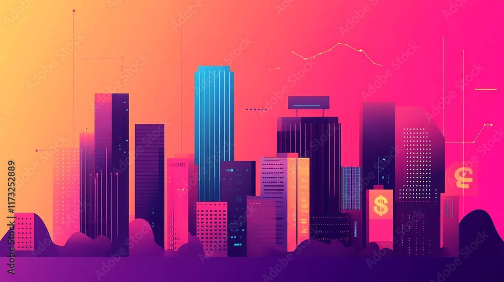 Poster surreal abstract cityscape with floating geometric shapes and business icons
