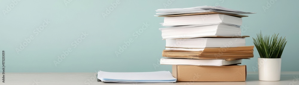 Aufkleber a tidy stack of documents and a small potted plant sit on a desk against a soft blue background, cre