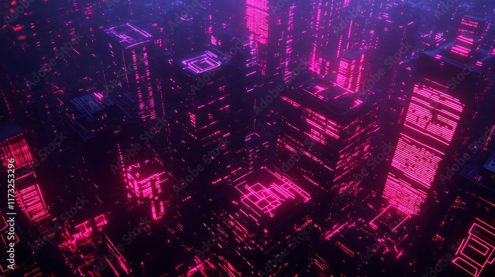 Poster surreal cityscape of intertwined circuits and neon data streams