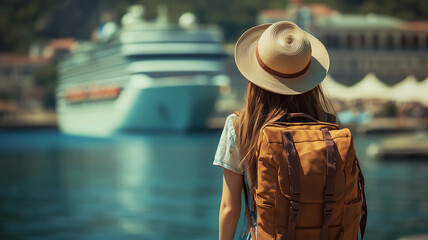 In a picturesque harbor, a girl traveler with a modern backpack and sun hat admires the elegance of a cruise ship, her excitement palpable. Ai generated