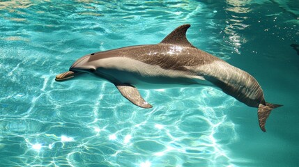 Naklejka premium Pacific bottlenose dolphin gliding gracefully through crystal clear turquoise water, creating mesmerizing ripples and reflections while basking in the warm sunlight
