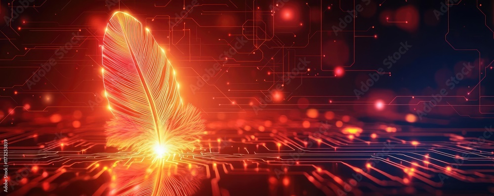 Poster feather abstract background idea. a vibrant feather glowing in digital circuits, symbolizing creativ