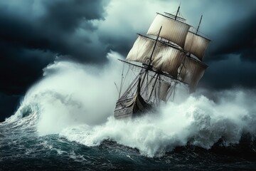 Fototapeta premium old ship caught in the midst of a storm, struggling against massive waves that threaten to engulf it, with lightning illuminating the turbulent sky