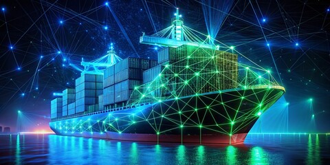 Obraz premium Futuristic Cargo Ship: Polygonal Wireframe Design, Glowing Blue & Green Lights, Calm Ocean