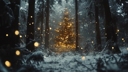 Illuminated Christmas tree in a snowy, foggy forest.