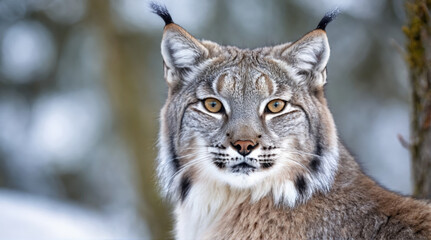 Fototapeta premium Lynx in a snowy forest environment showcasing its fur and keen expression during winter months