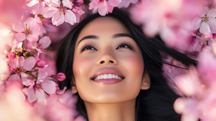 Naklejka premium 桜の下で微笑む女性