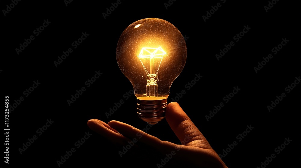 Poster hand holding a glowing light bulb with circuit patterns, isolated on a dark background. concept of i