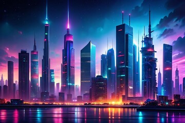 Futuristic City Silhouette at Night - High-Tech Cyberpunk Background
