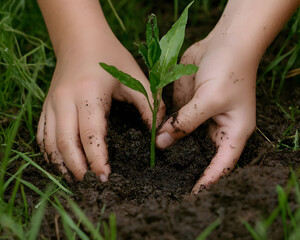 Young hands gently planting small sapling in rich, dark soil, surrounded by vibrant green grass, symbolizing growth and nurturing