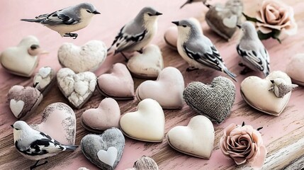 Fototapeta premium Romantic Valentine's Day Decor: Birds and Hearts