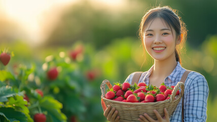 いちご畑で収穫を楽しむ女性
