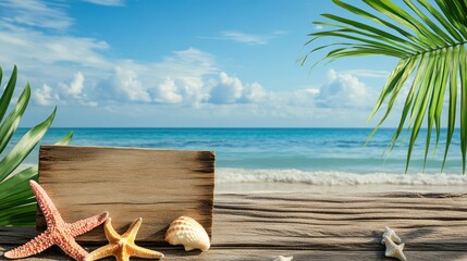 Wooden sign on beach with starfish, seashells, palm leaves and ocean view.