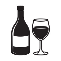 A bottle with wine glass silhouette, black and white silhouette, vector and illustration