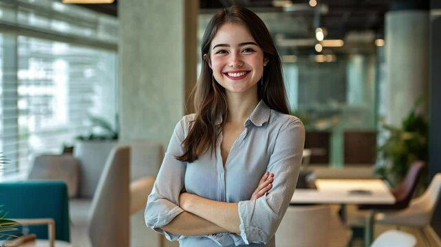 A young interior designer smiles while showcasing smart office layouts featuring automated blinds, smart temperature control, and modular furniture for adaptable work environments.