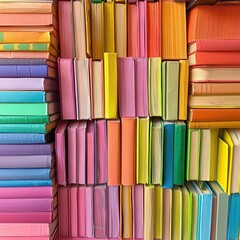 A vibrant collection of neatly stacked colorful books on a bookshelf.