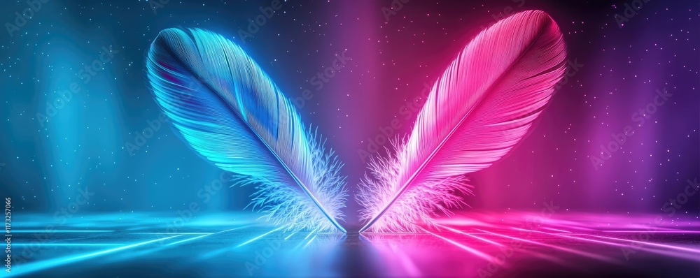 Poster feather abstract background idea. vibrant colorful feathers in blue and pink with a mystical glowing