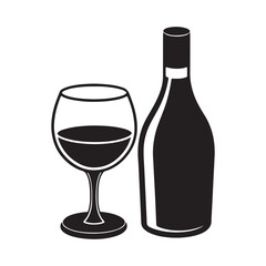 A bottle with wine glass silhouette, black and white silhouette, vector and illustration