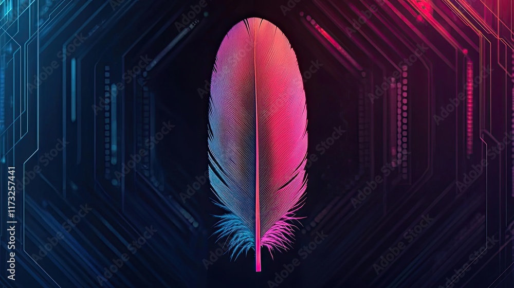Poster feather abstract background idea. a vibrant feather design with a digital, futuristic background in 