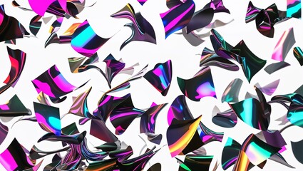 Vibrant Iridescent Flying Black Confetti Particles Creating a Magical, Dynamic Atmosphere with Shimmering Effects and a Sense of Celebration and Movement