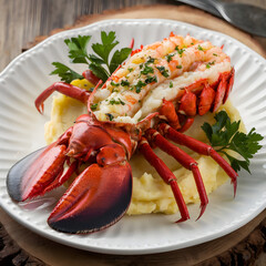 grilled lobster with lemon sauce, Butter- poached lobster tail served with garlic mashed potato, sea food