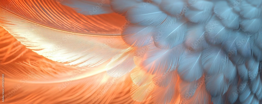 Poster feather abstract background idea. a vibrant abstract digital artwork featuring flowing blue and oran