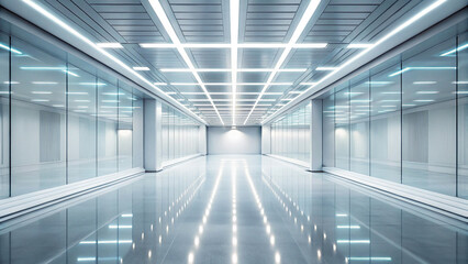 A futuristic, perspective view of an empty space featuring concealed lighting and a white floor