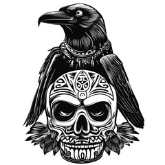 Fototapeta premium Vector raven perched on decorative skull with leaves.