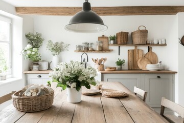 Fototapeta premium A charming country kitchen with a large wooden table, mismatched chairs, and rustic decor elements like wicker baskets